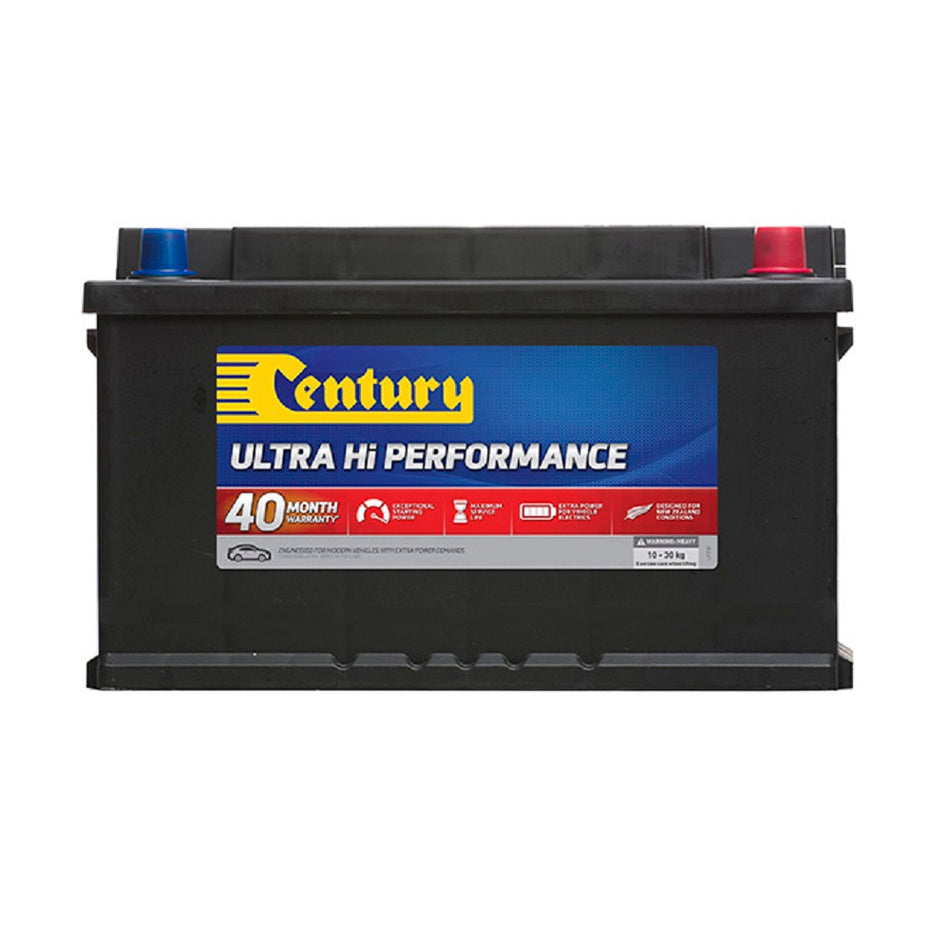 Century Battery Automotive CAL 12V 730CCA-DIN75LXMF. Front view of black battery with yellow Century logo on blue and red label.