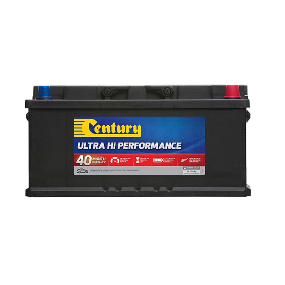 Century Battery Automotive CAL 12V 780CCA-DIN85LXMF. Front view of black battery with yellow Century logo on blue and red label on the front.