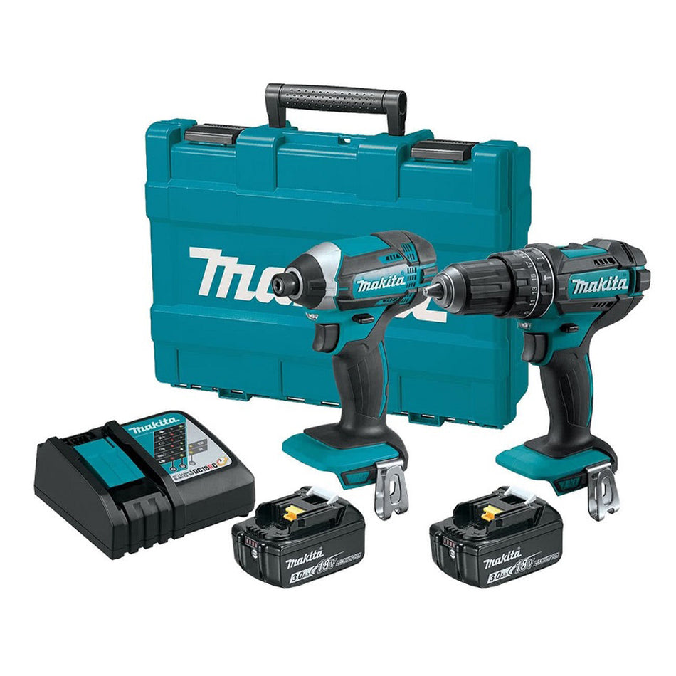 Makita 2 Piece Kit 3.0Ah - DLX2131X. Angled view of DHP482Z Hammer Drill Driver, DTD152Z Impact Driver, Battery, Battery Charger and Carry Case 
