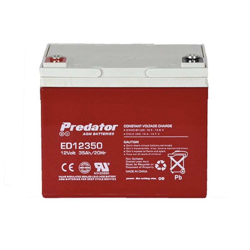 Predator Battery Deep Cycle AGM 12V 35AH-ED12350. Front view of red battery with grey top and white Predator logo on front.