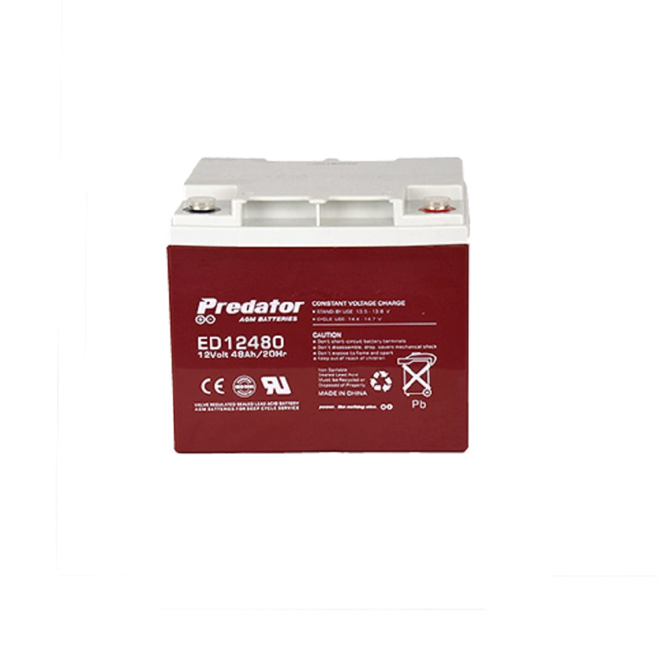 Predator Battery Deep cycle 12V VRLA 48AH-ED12480. Front view of red battery with white top and white writing and Predator logo on the front.