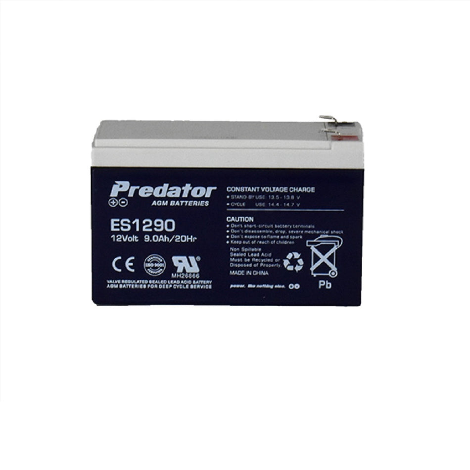 Predator Battery Cycle/Standby 12V VRLA 9AH-ES1290. Front view of black battery with grey top and grey writing and Predator logo on the front. 
