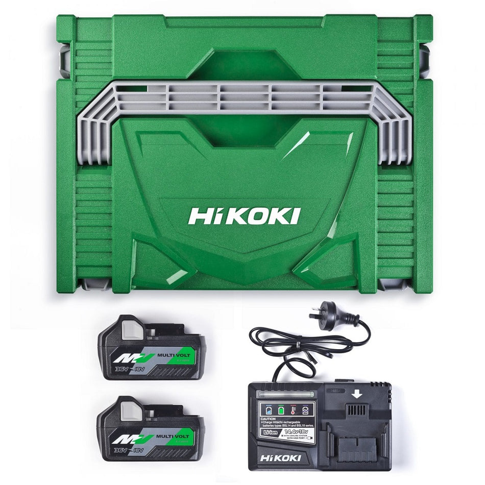 Hikoki 36v 125mm Angle Grinder Kit - G3613DBGRZ.  View of kit accessories including batteries, battery charger and carry case.