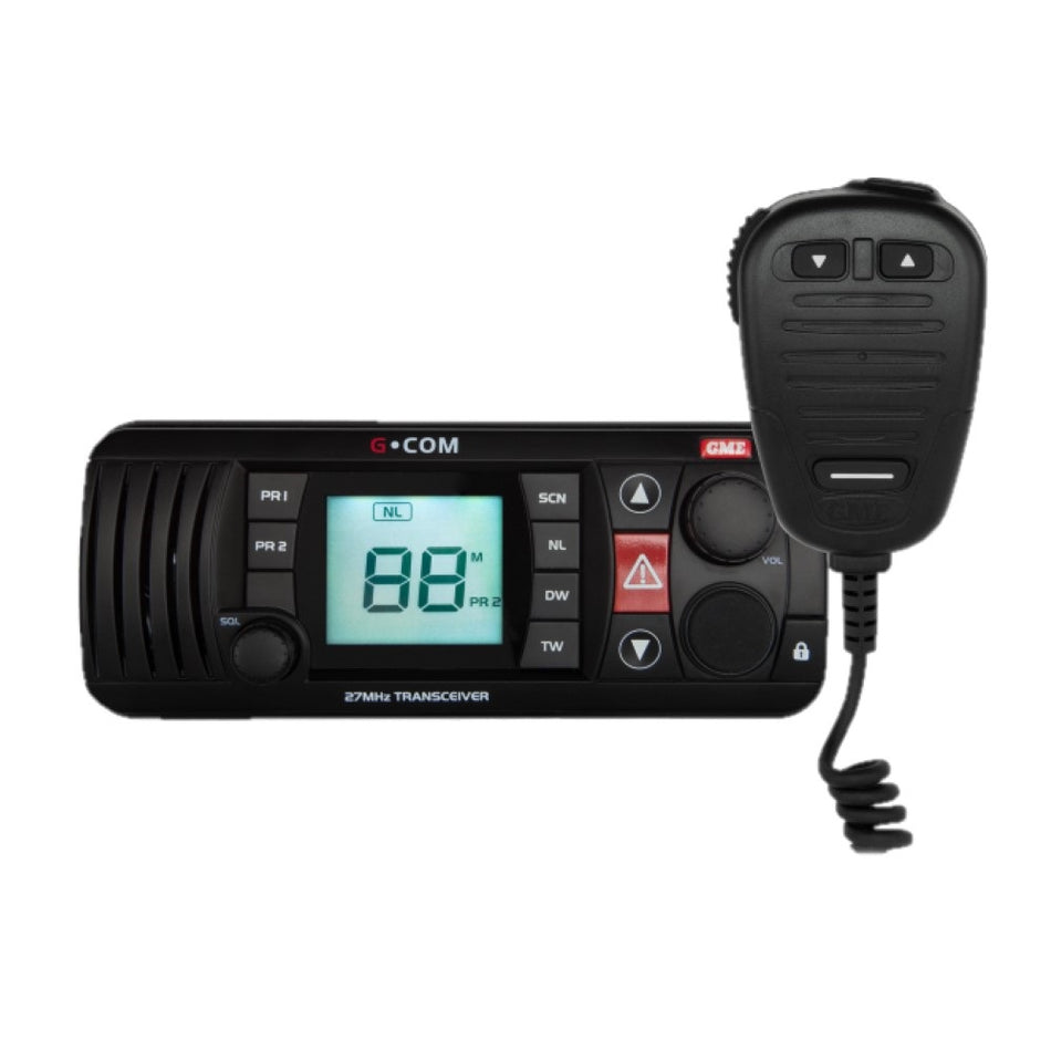 GME fixed Mount Radio 26Mhz-Black-GX400B. Front view of black radio and microphone.