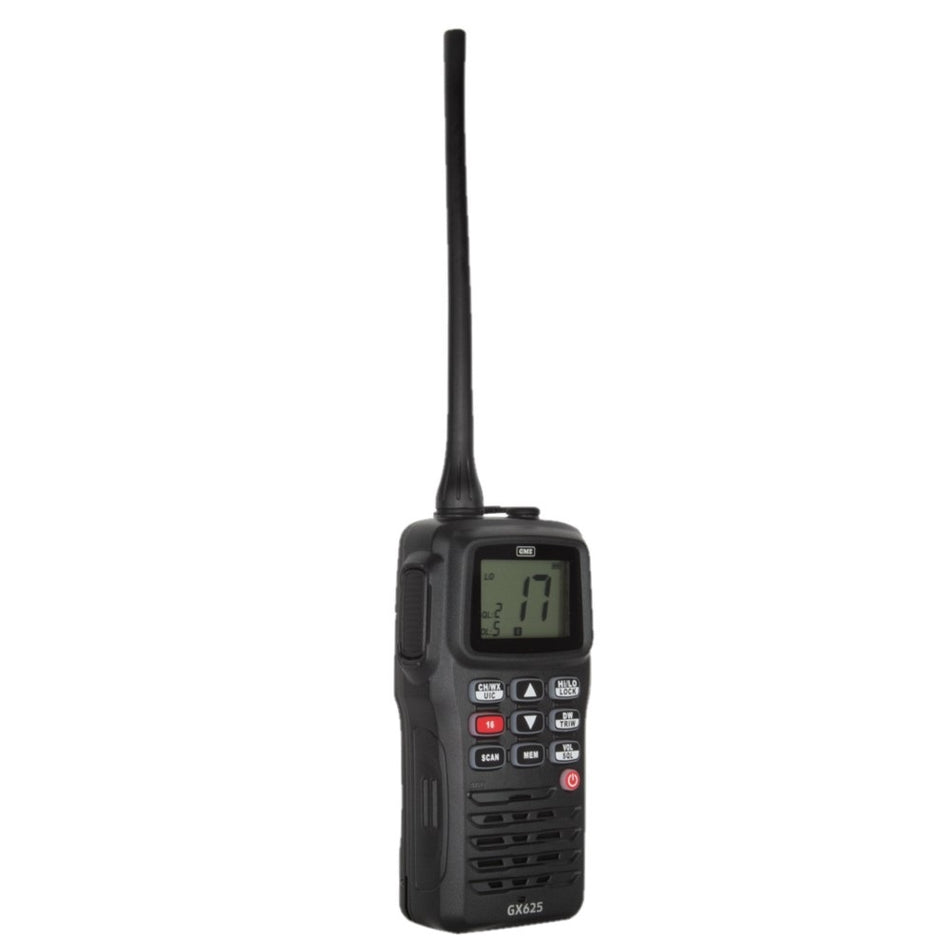 GME Marine Handheld Radio VHF 5/1 Watt-GX625.  Front view of small black handheld radio including attached antenna.
