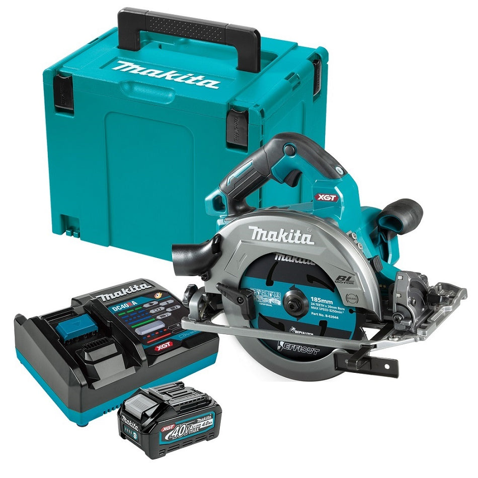 Makita 40Vmax XGT Brushless 185mm (7-1/4") Circular Saw - HS004GM101. Angled view of circular saw, battery, battery charger and carry case.