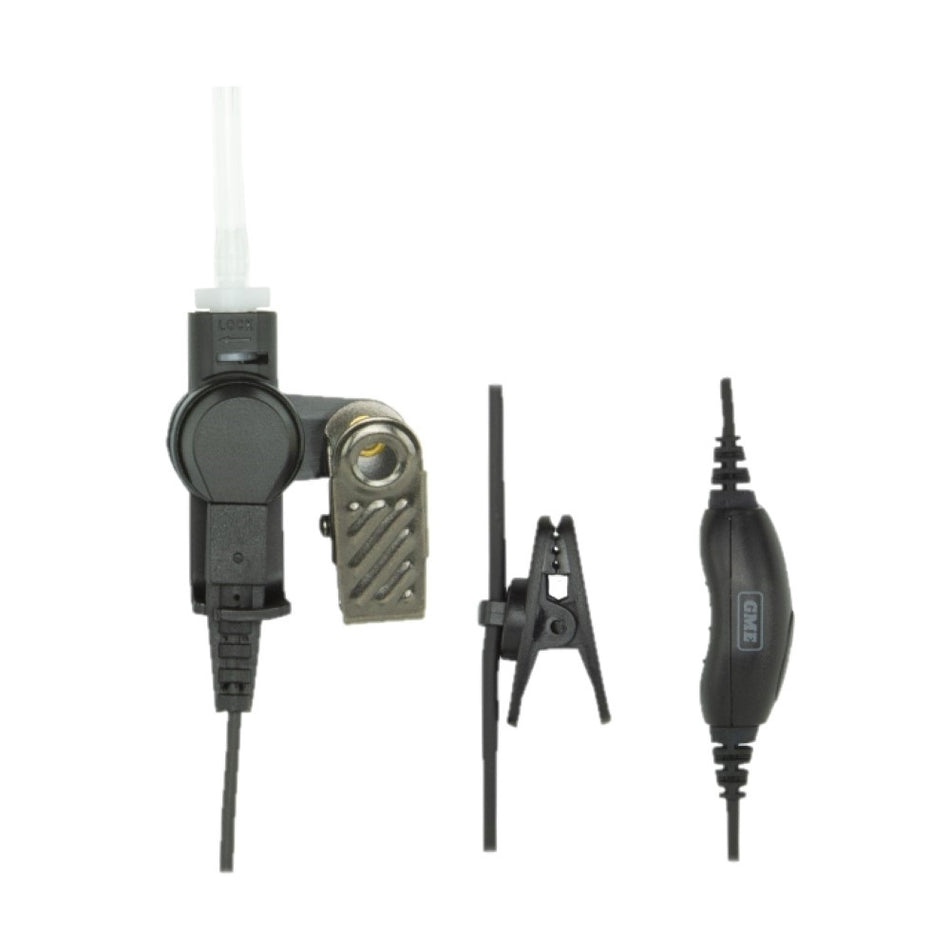 GME Security Kit-HS010.  Side view of acoustic tube earpiece, black connector and label microphone.