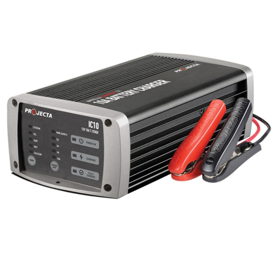 Projecta 12V 10A Multichem Lithium Battery Charger - IC10.  Angled view showing battery connector clips.