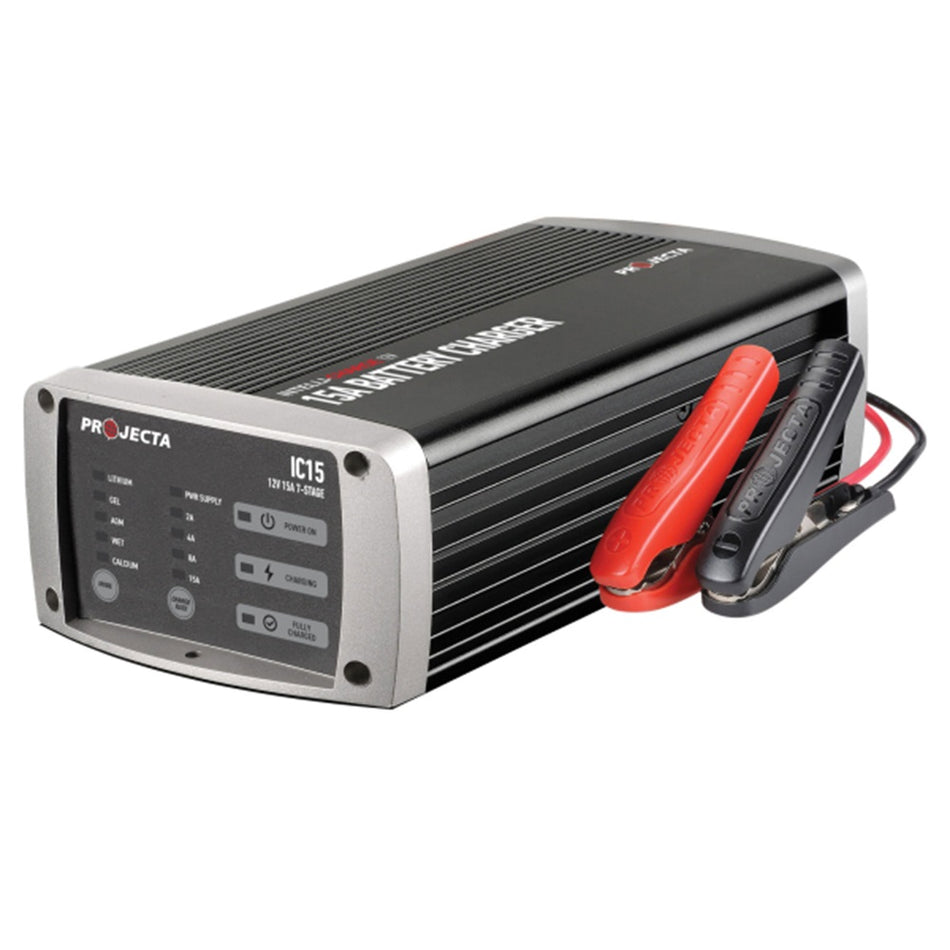 Projecta 12V 15A MULTICHEM LITHIUM BATTERY CHARGER - IC15.  Angled view showing battery connector clips