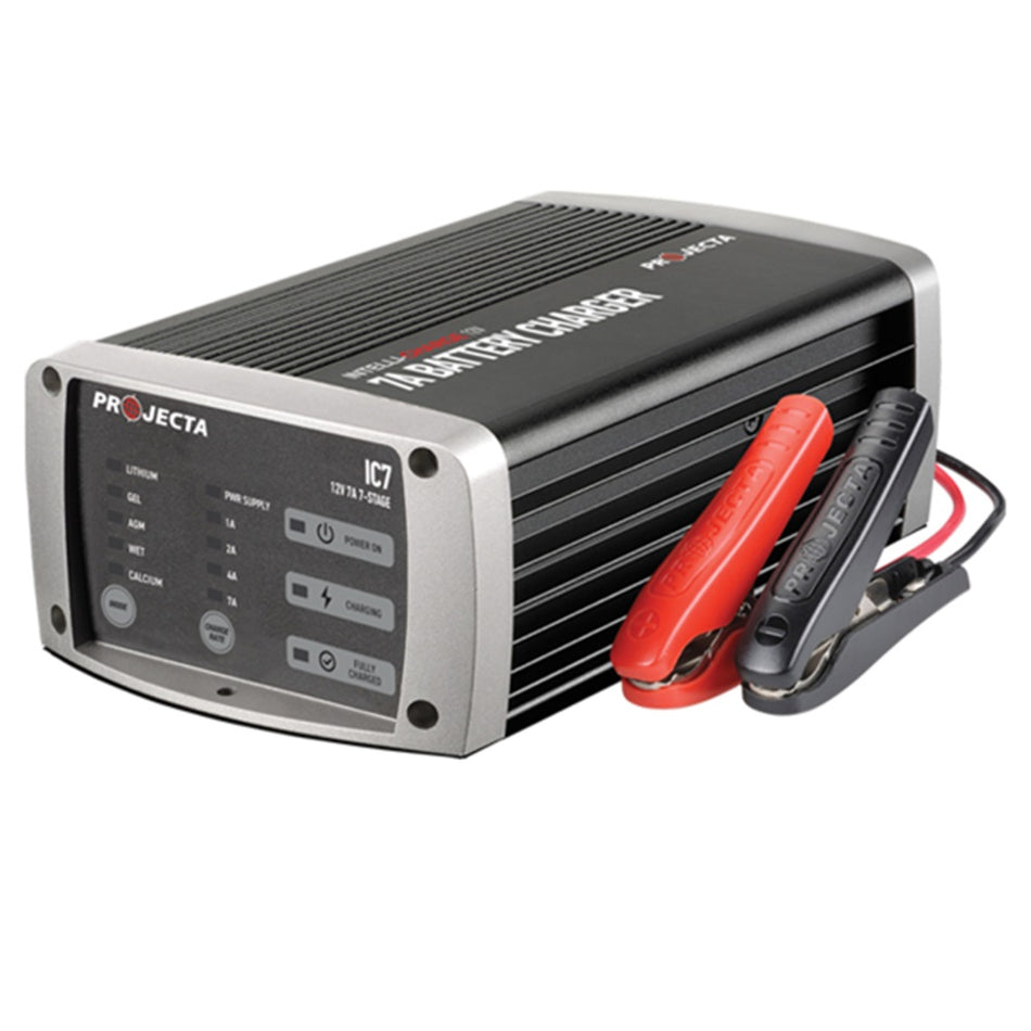 Projecta 12V 7A Multichem Lithium Battery Charger - IC7.  Angled view of  charger showing battery charger connector clips.