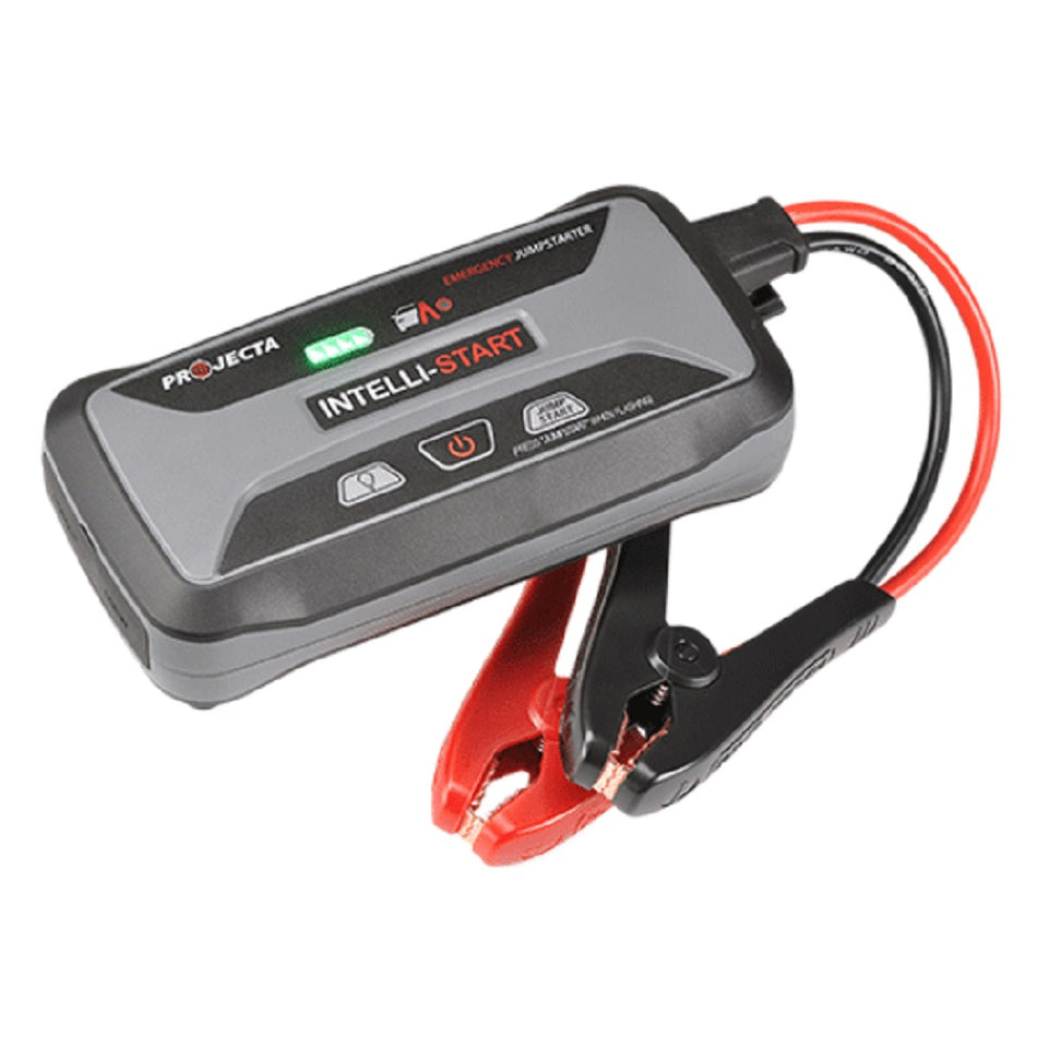 Projecta Intelli-Start Lithium Jumpstarter 12V 1200A - IS1220.  Angled view of Jumpstarter and connector clips.