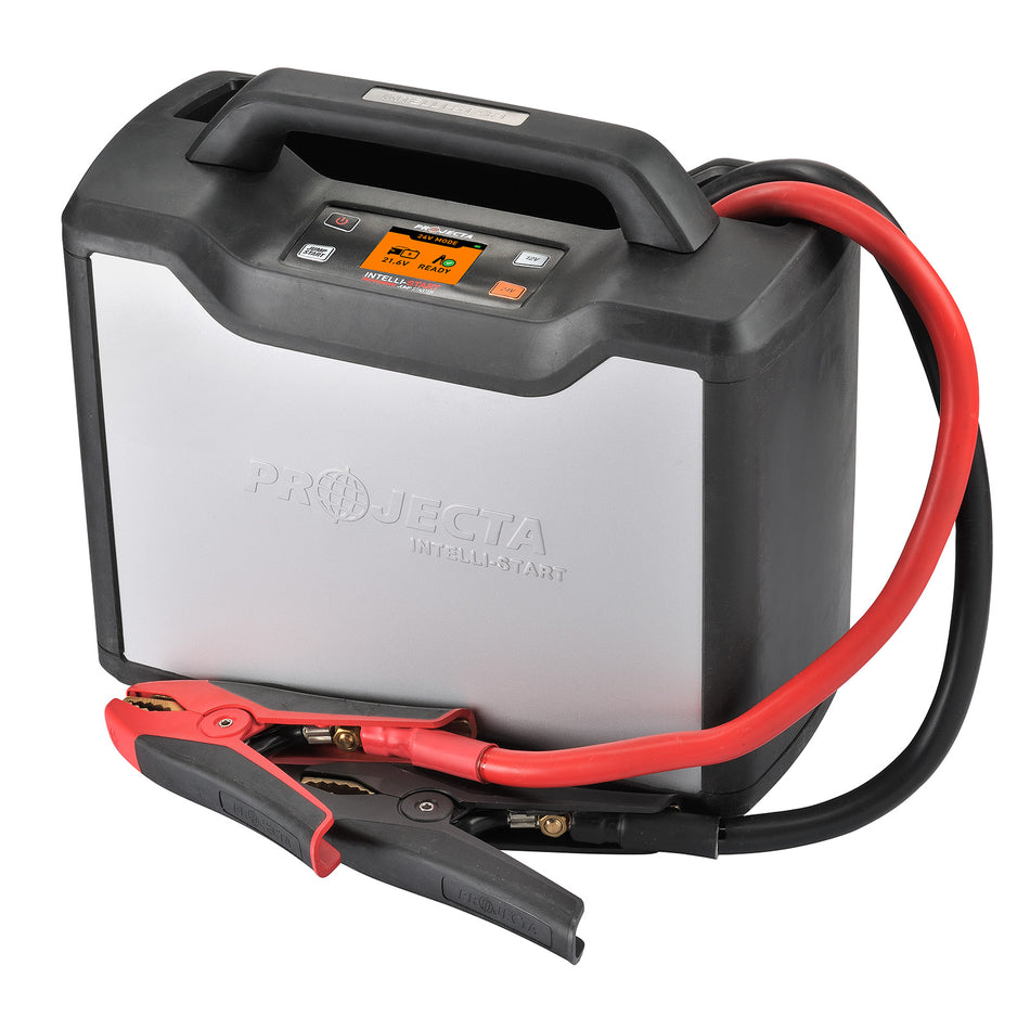 Projecta 12/24V 5000A Intelli-Start Industrial Jump Starter - IS5000.  Angled view of jump starter showing connector cables and clips.
