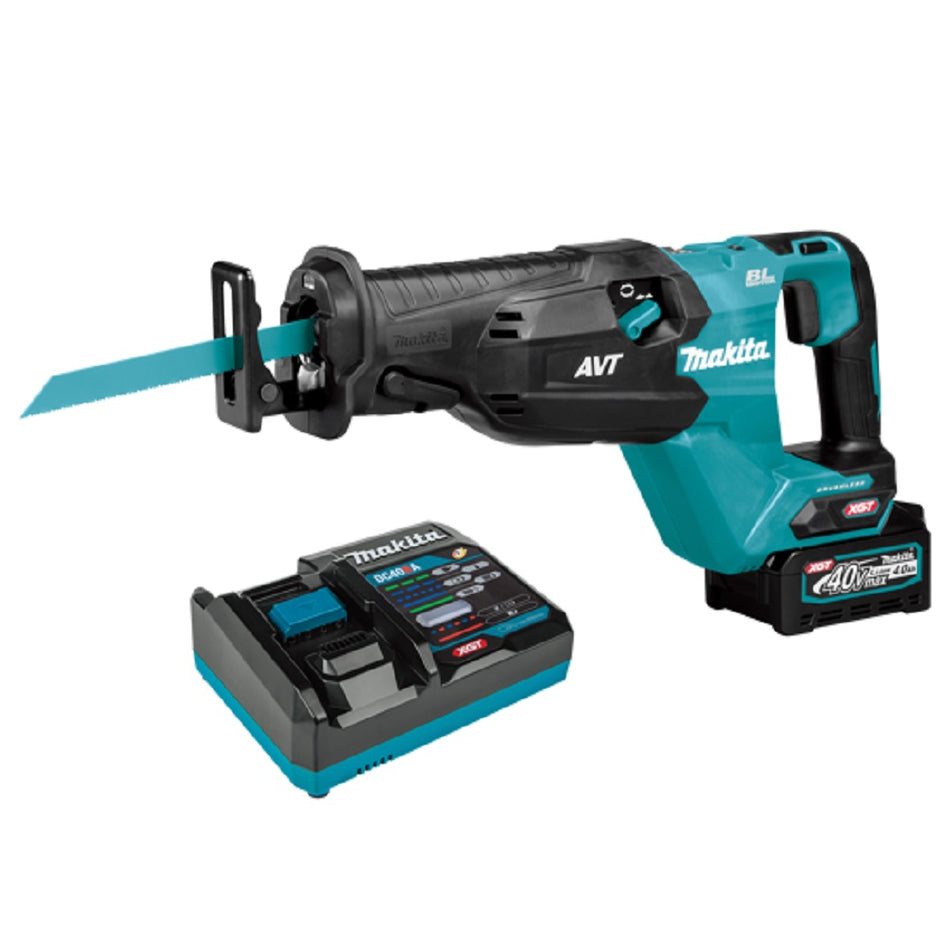Makita 40Vmax XGT Brushless Recipro Saw - JR002GM101. Angled view of saw, battery and battery charger.