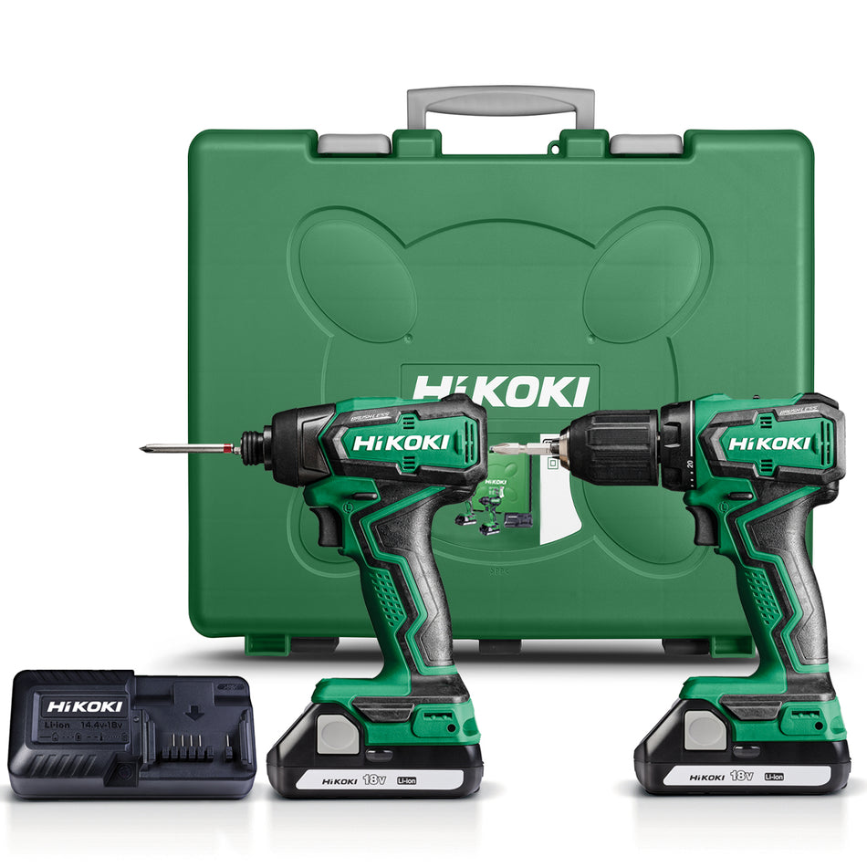 Hikoki 18v Drill/Driver Kit - KC18DDGZC.  Front view showing  impact driver, driver/drill, batteries, battery charger and case.