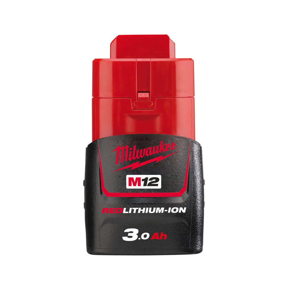 Milwaukee Redlithium-Ion 3.0 ah Compact Battery M12B3.  Side view of battery.
