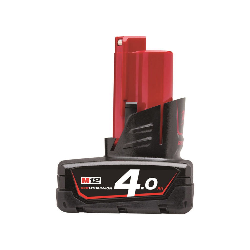 Milwaukee M12 4.0Ah Battery M12B4.  Side view of battery.