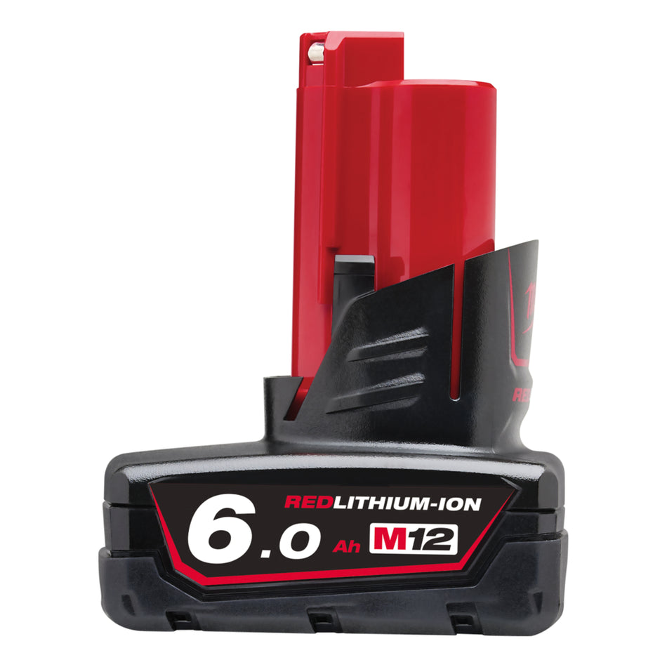 Milwaukee M12 6.0 Ah Battery - M12B6.  Side view of battery
