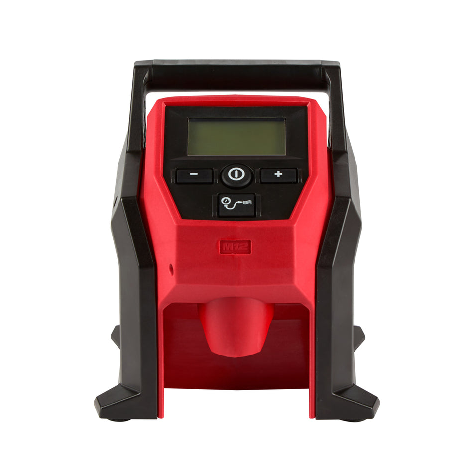 Milwaukee M12 Compact Inflator M12BI-0. Front view of inflator showing screen and control bottles. 