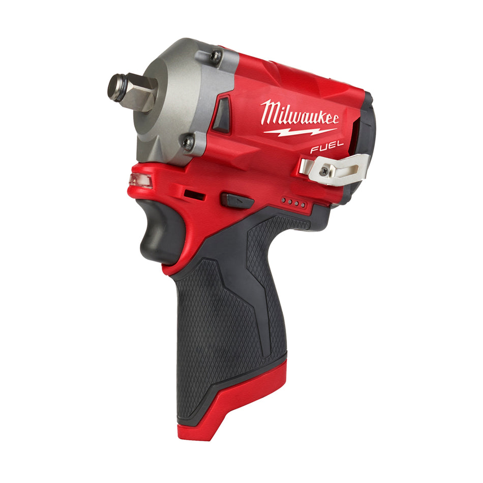 Milwaukee Stubby Impact Wrench With Friction Ring M12FIWF12-0.  Angled view of impact wrench.