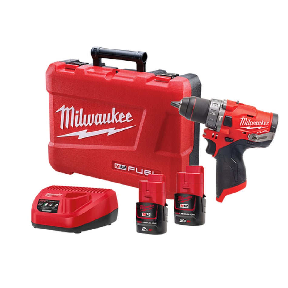 Milwaukee M12 Fuel 13mm Hammer Drill/Driver M12FPD-202C.  Angled view of drill/driver with batteries, battery charger and carry case.