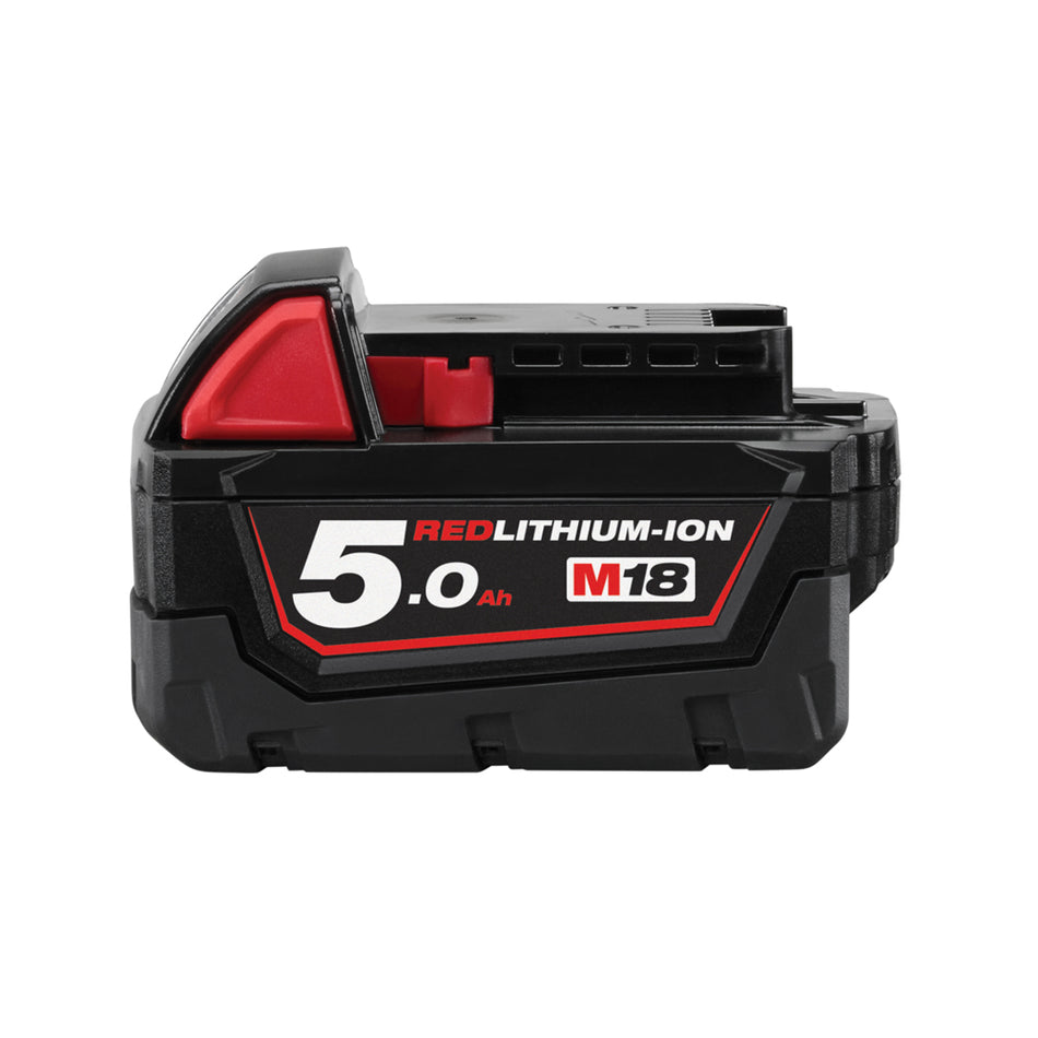 Milwaukee M18 Redlithium-Ion Battery 5.0Ah.  Side view of battery.