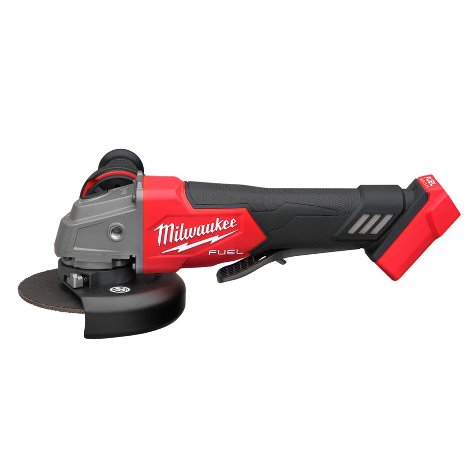 Milwaukee M18 Fuel 5" Grinder M18FAG125XPD-0.  Side view of angle grinder. 