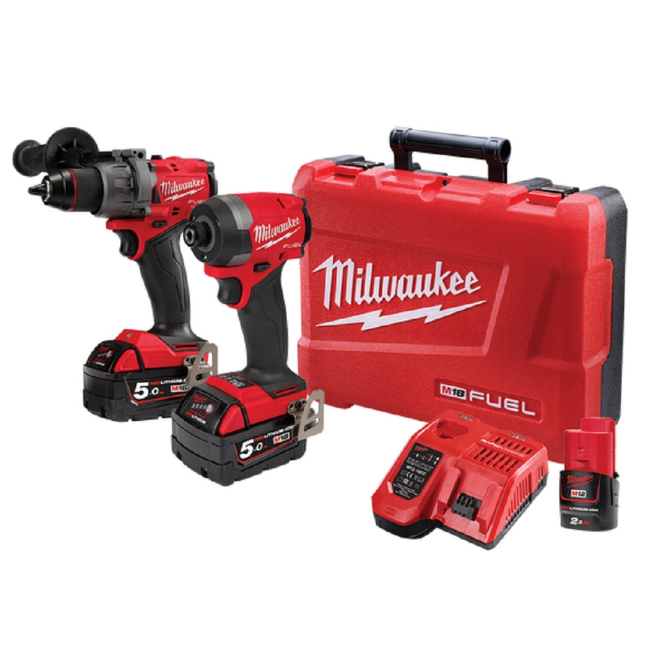 Milwaukee M18 Fuel 2 Piece Power Pack -  M18FPP2A3502C.  Angled view of kit including hammer drill/driver, impact driver, batteries, battery charger and carry case.