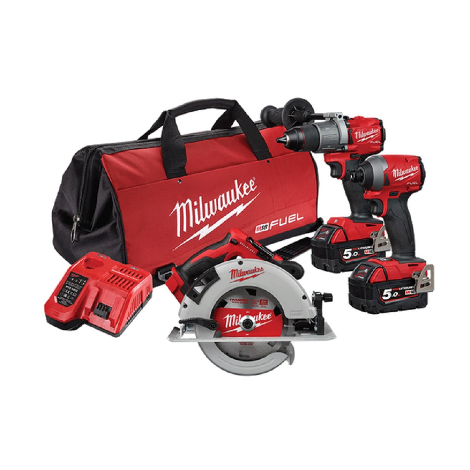 Milwaukee 18V 3 Piece Power Pack - M18FPP3J2-502B.  Angled view showing driver/drill, impact driver circular saw, batteries, battery charger and carry bag.