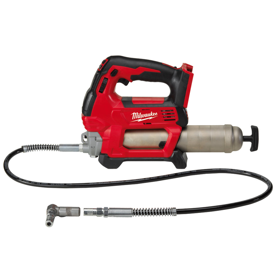 Milwaukee M18 2 Speed Cordless Grease Gun M18GG-0.  Side view of grease gun showing connector hose and fittings. 