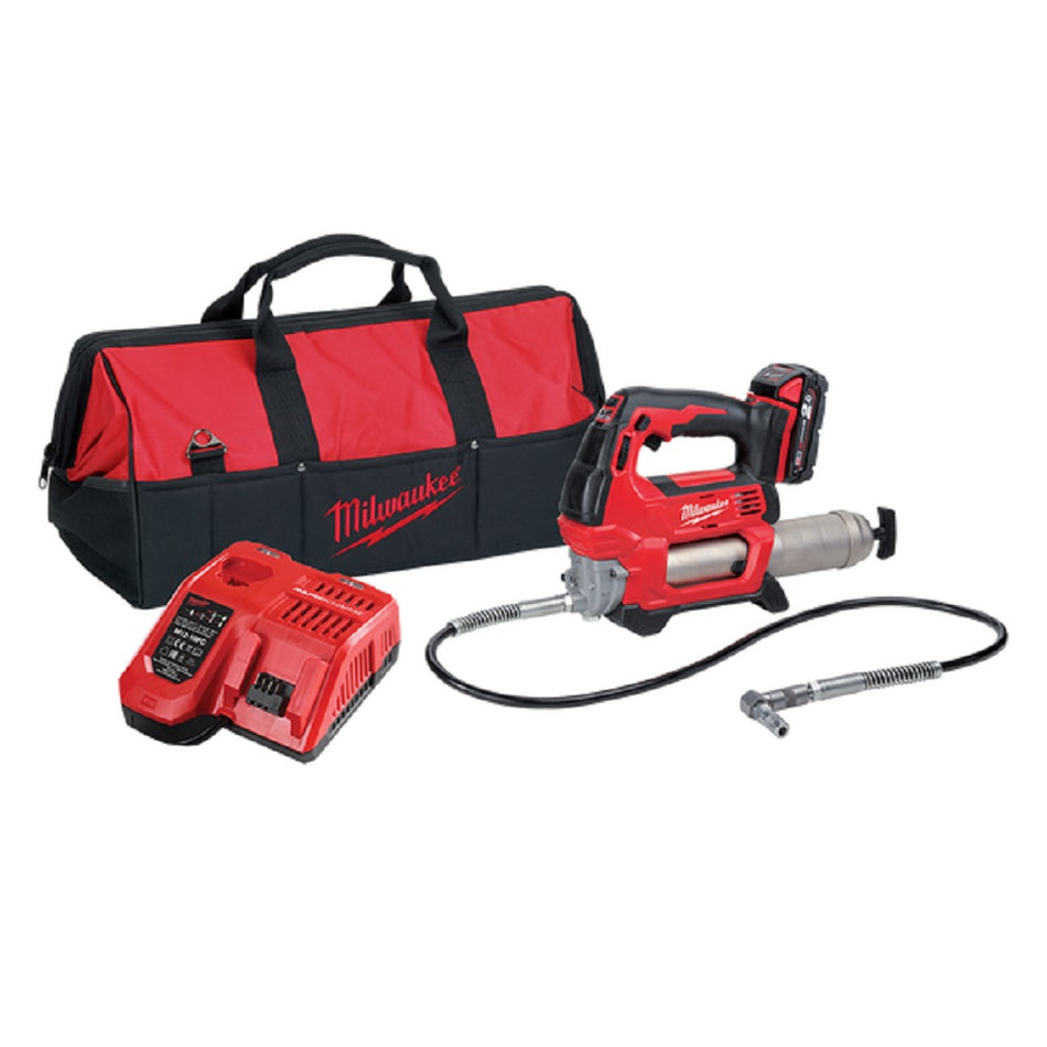 Milwaukee M18 Grease Gun Kit - M18GG-201B.  Angled view shows grease gun with battery, battery charger and carry bag.