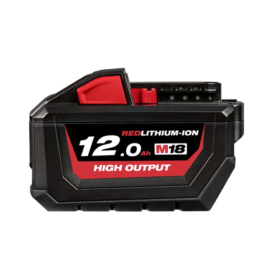 Milwaukee M18 Redlithium-Ion High Output 12Ah Battery M18HB12.  Side view of battery.