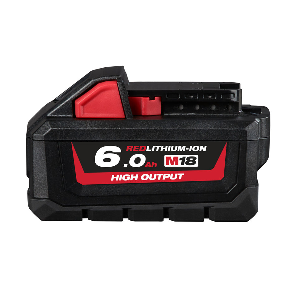 Milwaukee M18 Redlithium-Ion High Output 6ah Battery M18HB6.  Side view of battery.