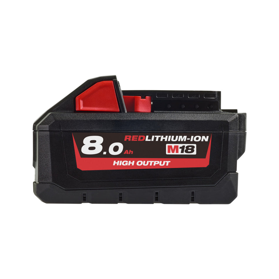 Milwaukee M18 Redlithium-Ion High Output 8Ah Battery M18HB8.  Side view of battery.