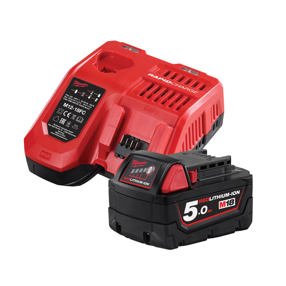 Milwaukee M18 Battery Starter Pack Redlithium 5.0Ah  M18SP-501B.   Angled view of battery and charger.