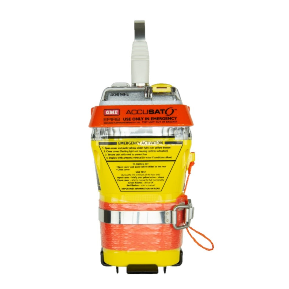 GME High Accuracy GPS Radio Beacon/EPIRB-MT600G.  Front view of yellow and orange beacon.