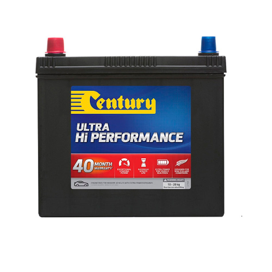 Century Battery Automotive Cal 12V 430CCA-NS60SXMF. Front view of black battery with yellow Century logo on blue and red label on front.