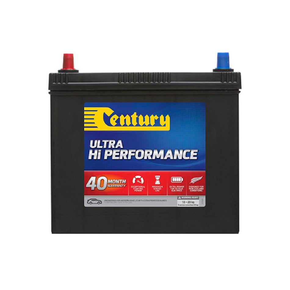 Century Battery Automotive Cal 12V 430CCA-NS60XMF. Front view of black battery with yellow Century logo on blue and red label on front.