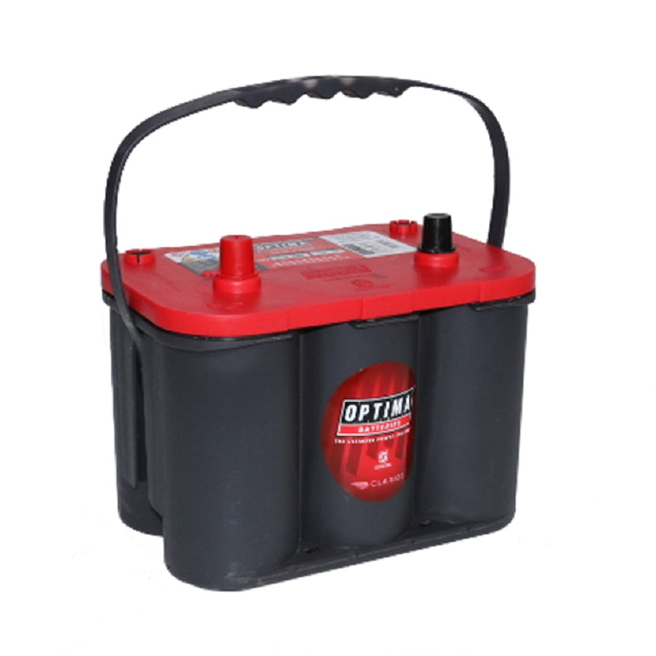 Battery Commercial 12V AGM-OPTIMA34. Front view of red top black battery with black handle.
