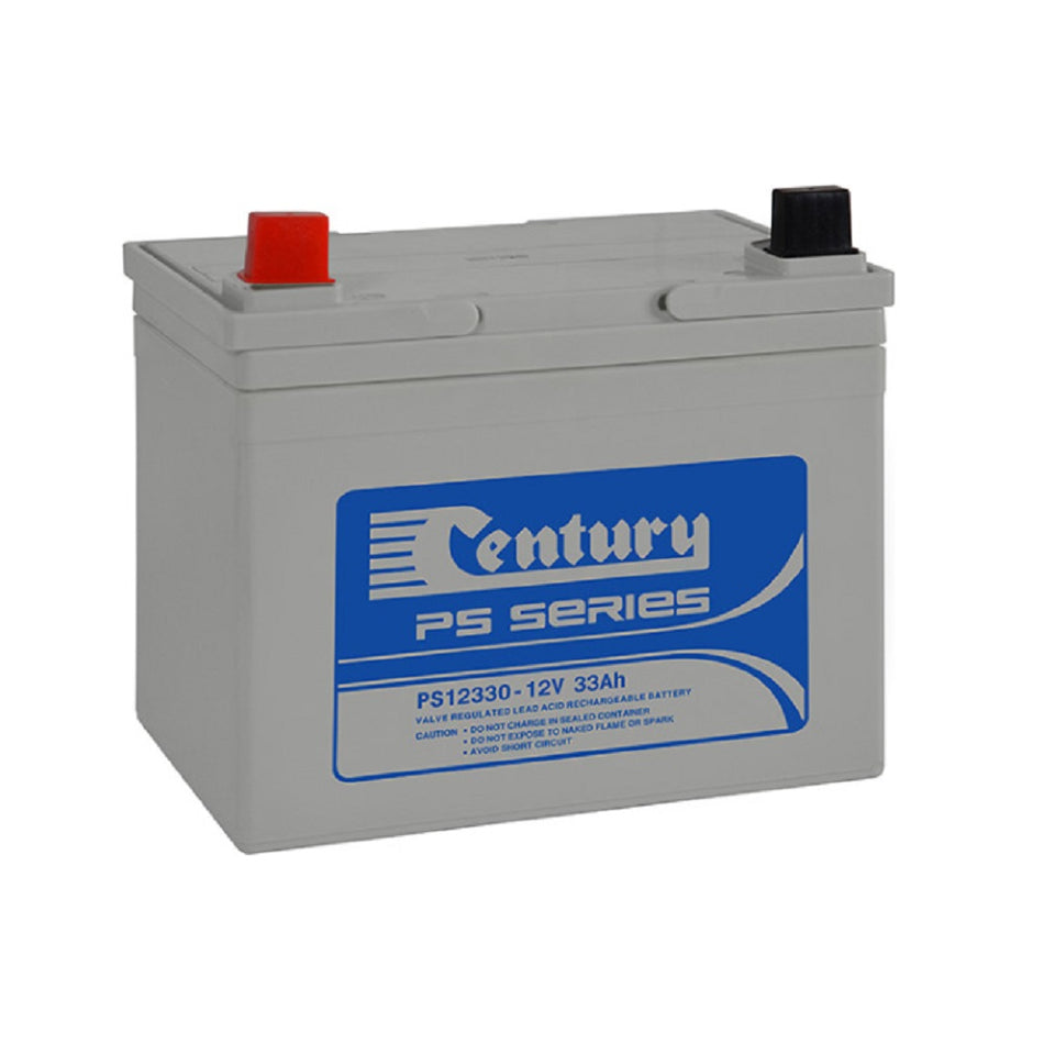 Century Battery Cycle/Standby VRLA 12V 33AH-PS12330. Front view of grey battery with Century logo on blue label on the front.