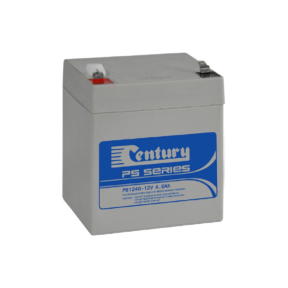 Century Battery Cycle/Standby VRLA 12V 4AH-PS1240. Front view of grey battery with Century logo on blue label on front.