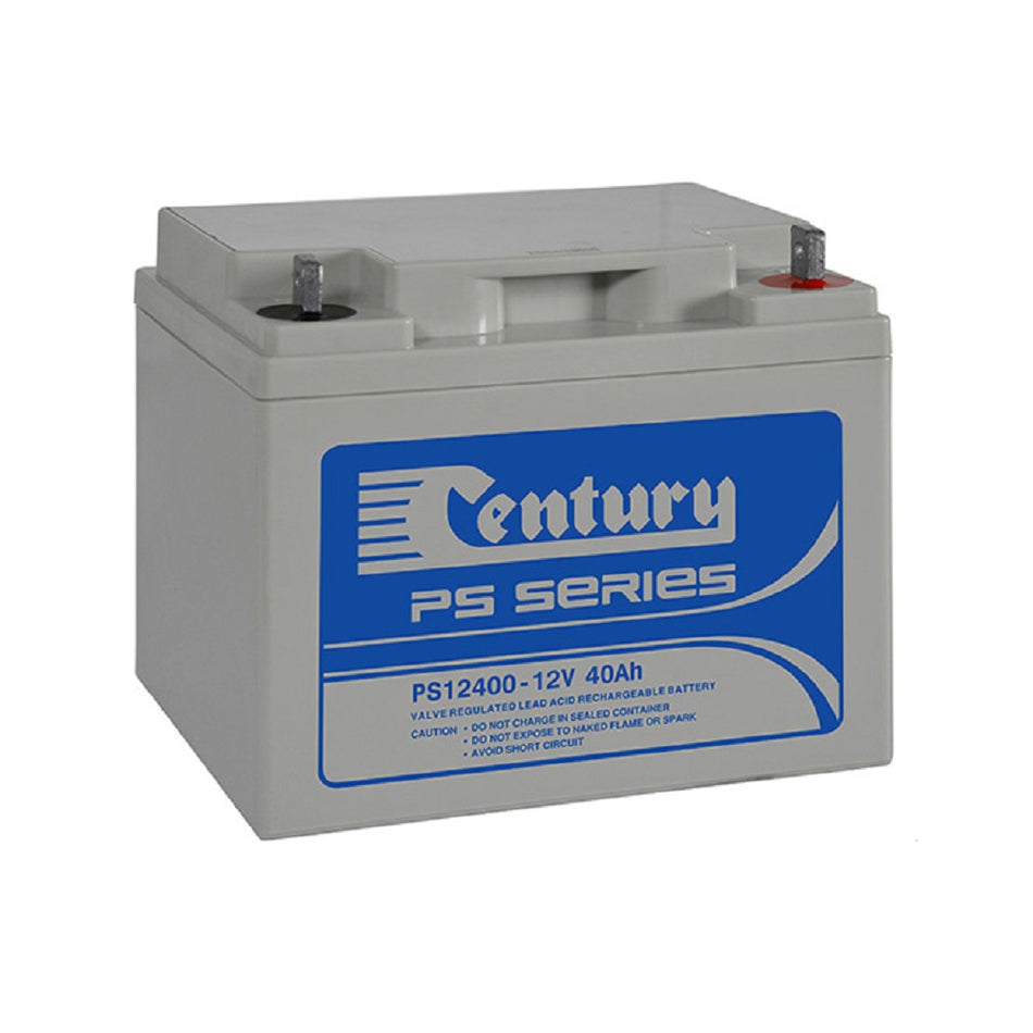 Century Battery Cycle/Standby VRLA 12V 40AH-PS12400. Front view of grey battery with Century logo on blue label on front.