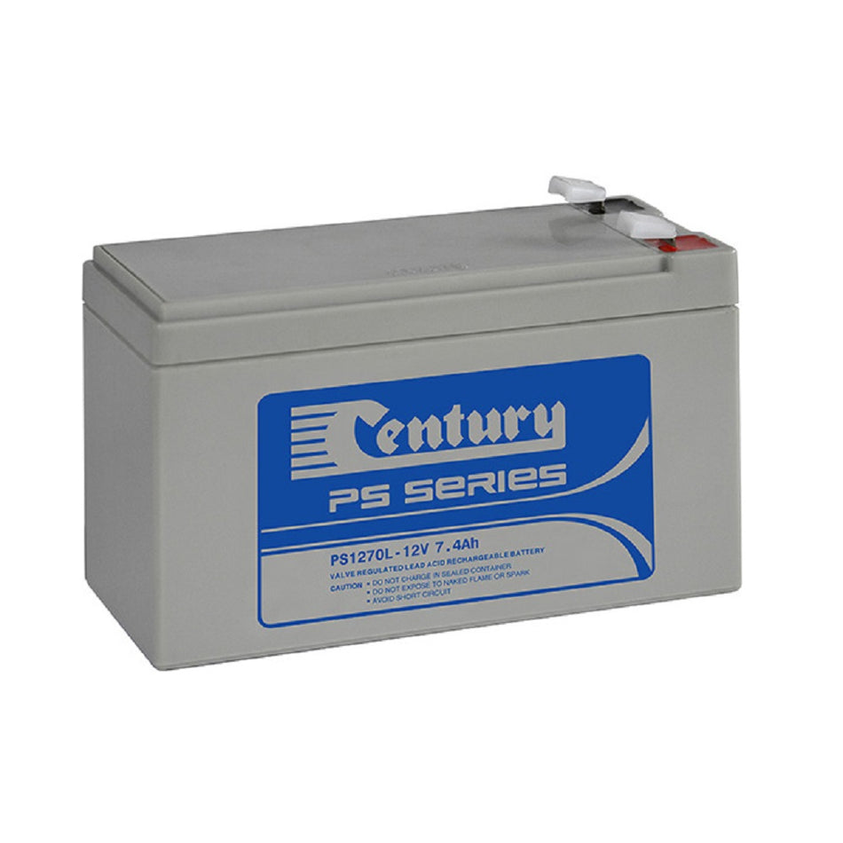 Century Battery Cycle/Standby VRLA 12V 7.0 AH-PS1270L. Front view of grey battery with Century logo on blue label on front.