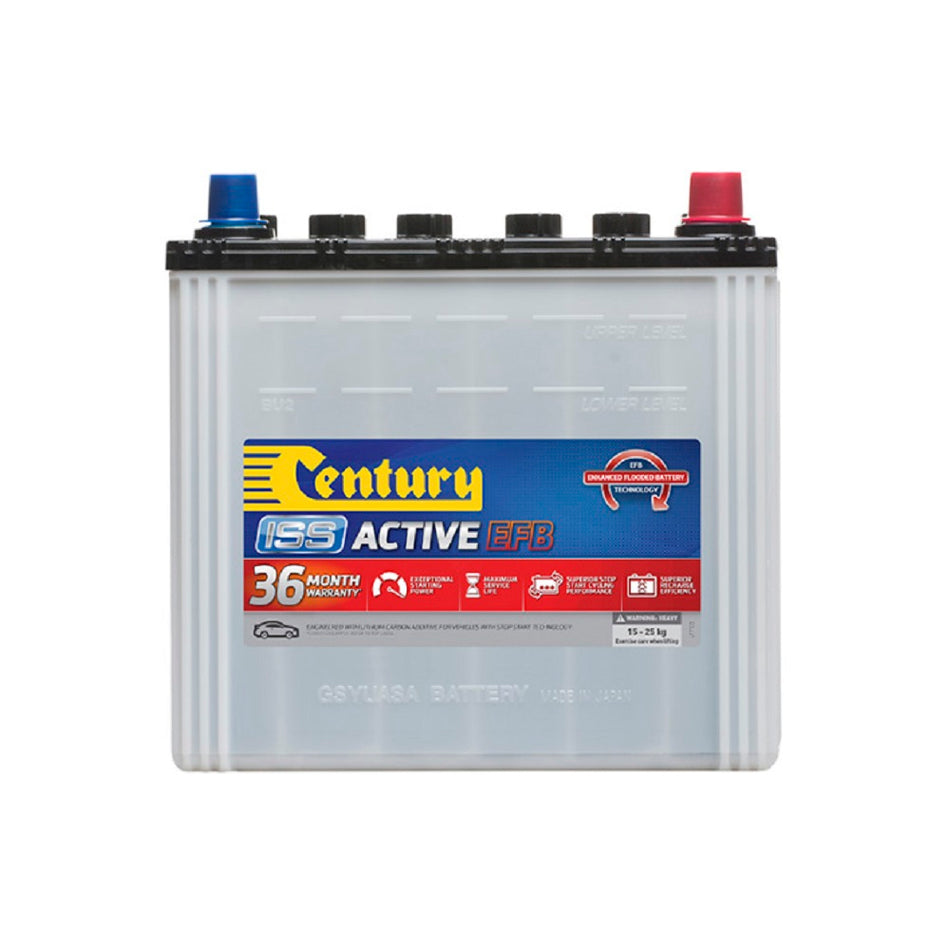 Century Battery Automotive EFB 12V 650CCA (ISS). Front view of grey battery with yellow Century logo on blue and red label on front.