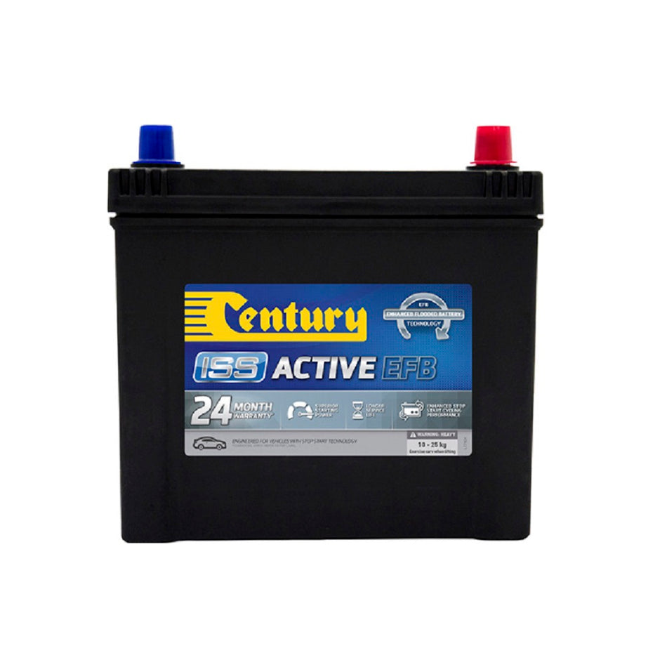 Century Battery Automotive EFB 12V 550CCA (ISS)-Q85MF. Front view of black battery with yellow Century logo on blue and grey label on front.