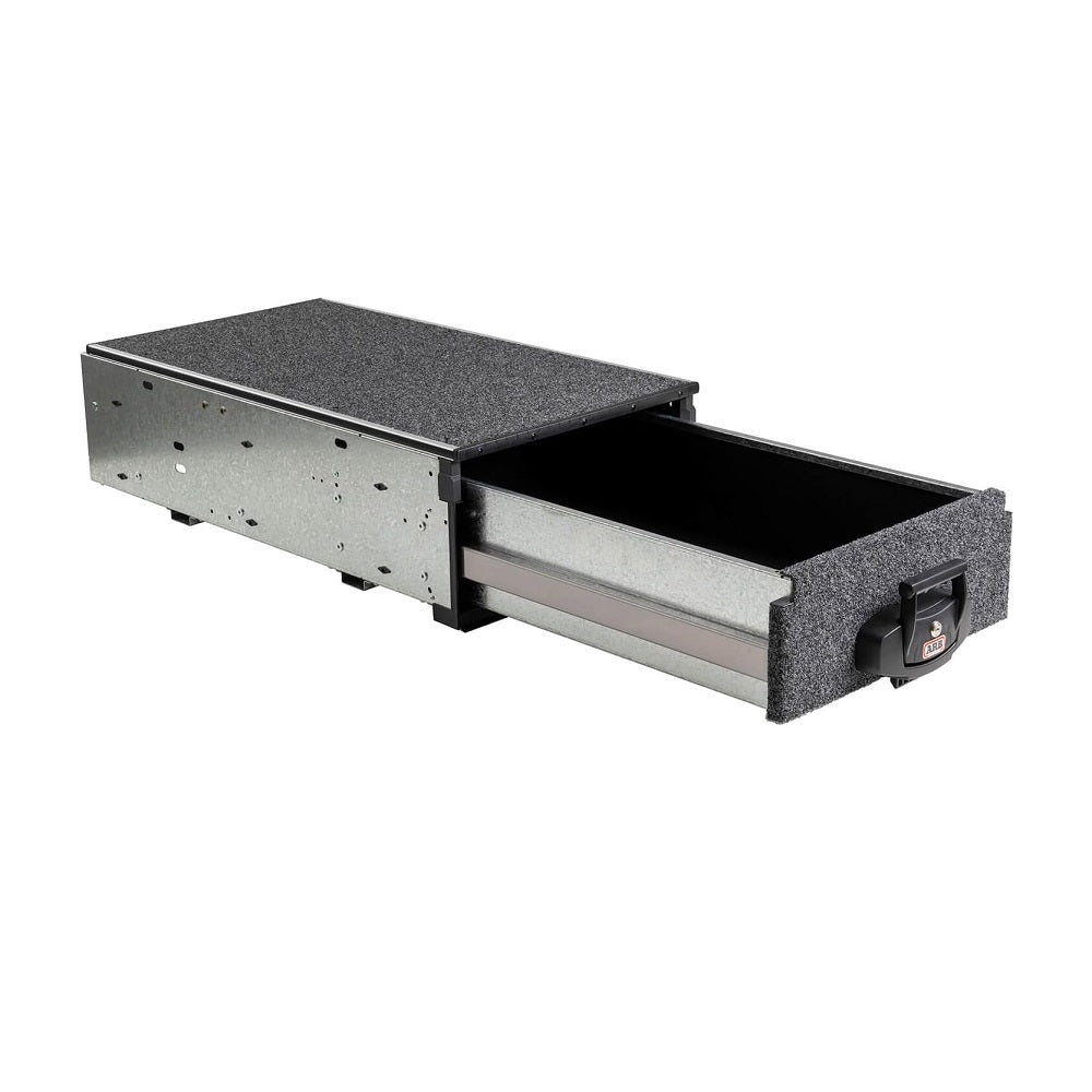 ARB Roller Draw 1730SM-RD1730SM. Front view of an open ARB draw with grey carpet on top and front of draw.