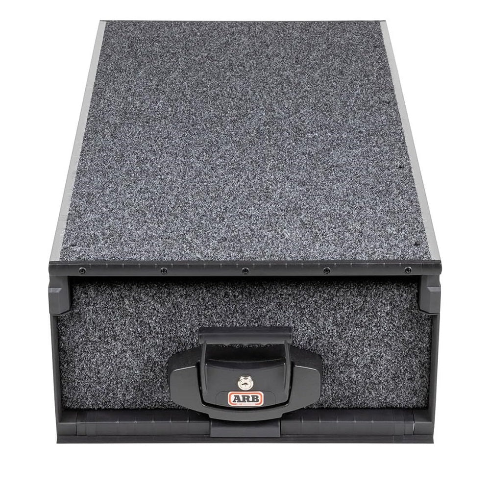 ARB Roller Draw 1730mm-RD1730SM. Front view of grey carpeted closed ARB draw.