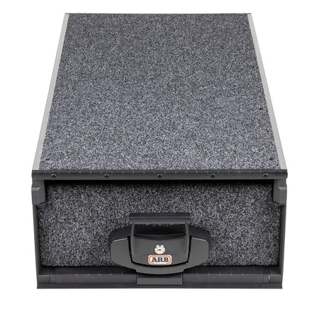 ARB Roller Draw 1730mm-RD1730SM. Front view of grey carpeted closed ARB draw.