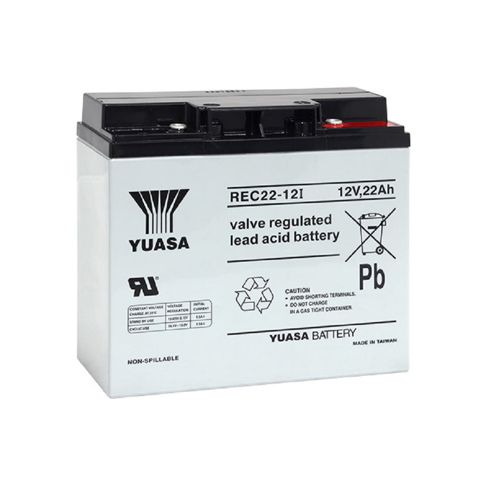 Century Battery Deep Cycle VRLA 12V 22AH-REC22-12. Front view of grey battery with black top and black writing.