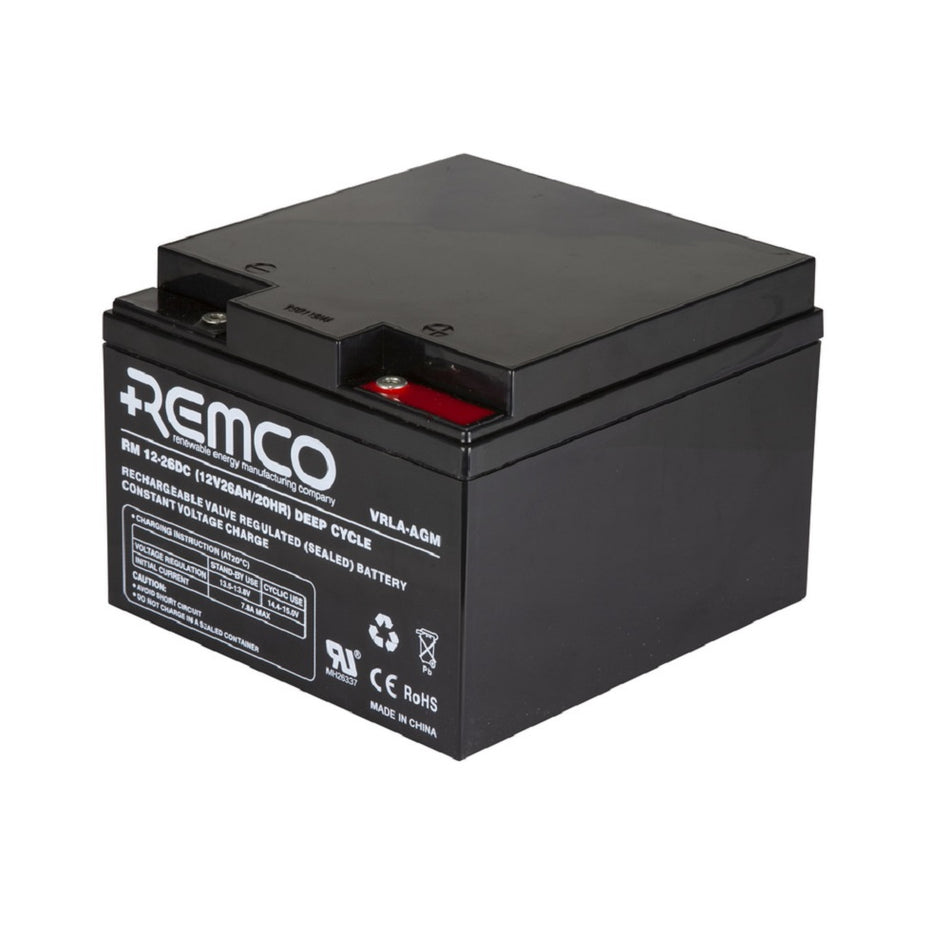 Remco Battery Deep cycle 12V VRLA 26AH-RM12.26DC. Front view of black battery with white writing and Remco logo on the front.