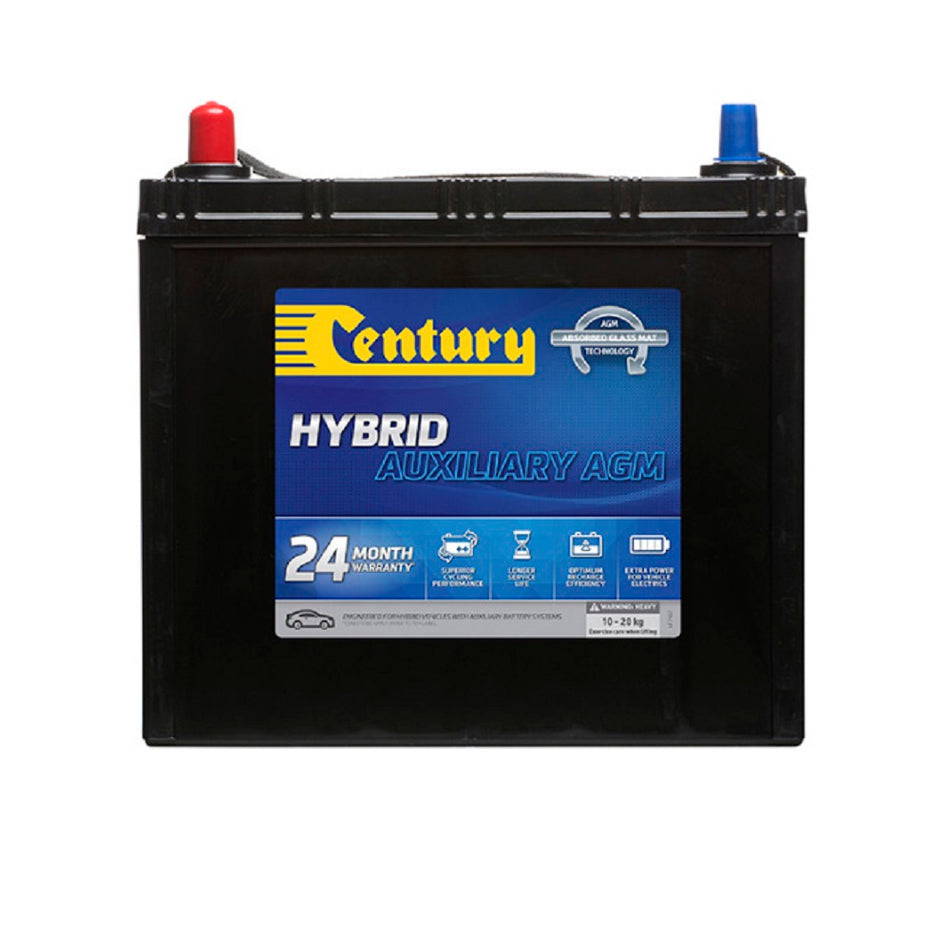 Century Battery Automotive AGM Hybrid 12V 325CCA-S46B24R. Front view of black battery with yellow Century logo on blue label on front.